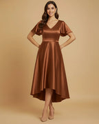 Aura Recycled Satin Flutter Sleeve Bronze High-Low Dress