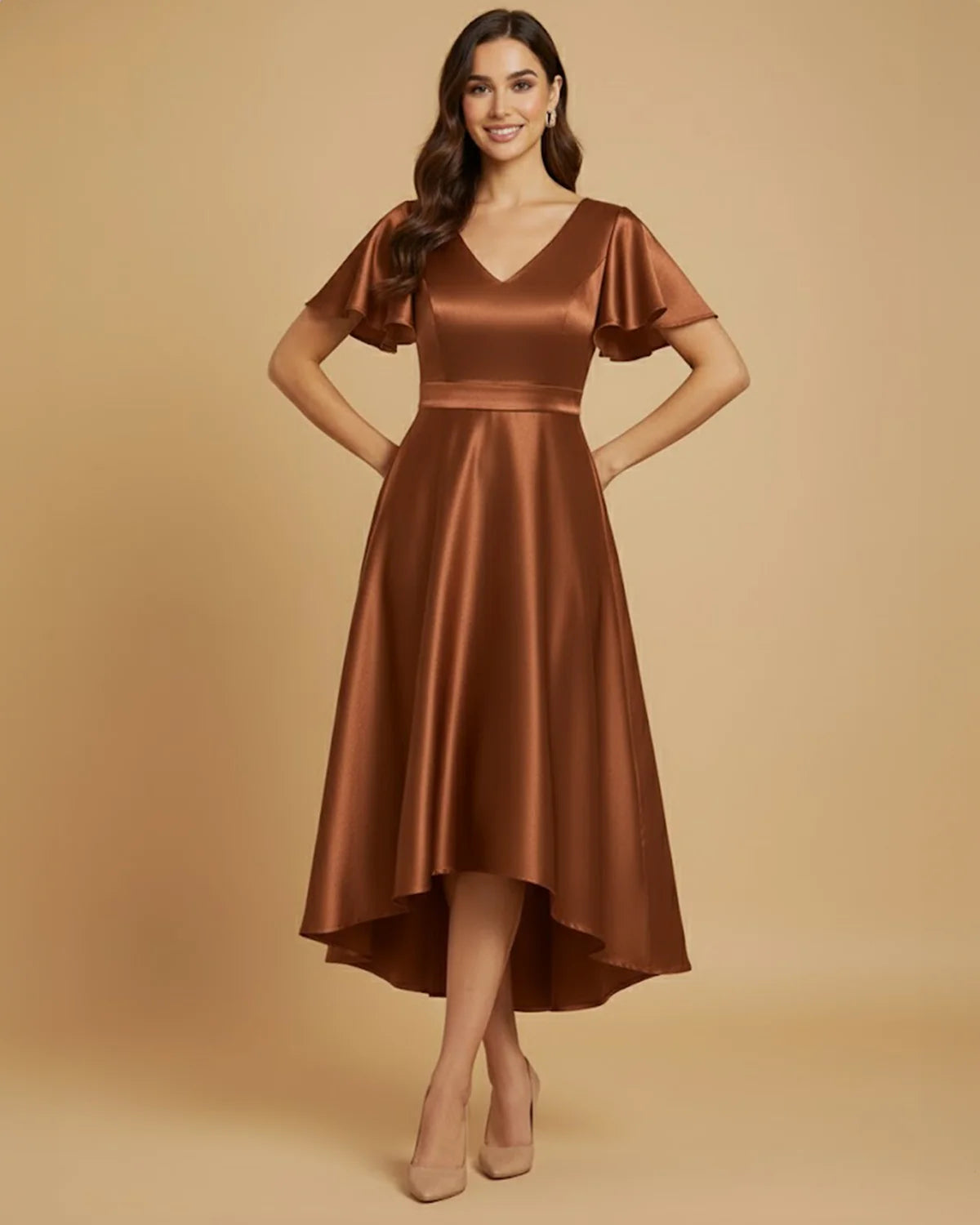 Aura Recycled Satin Flutter Sleeve Bronze High-Low Dress