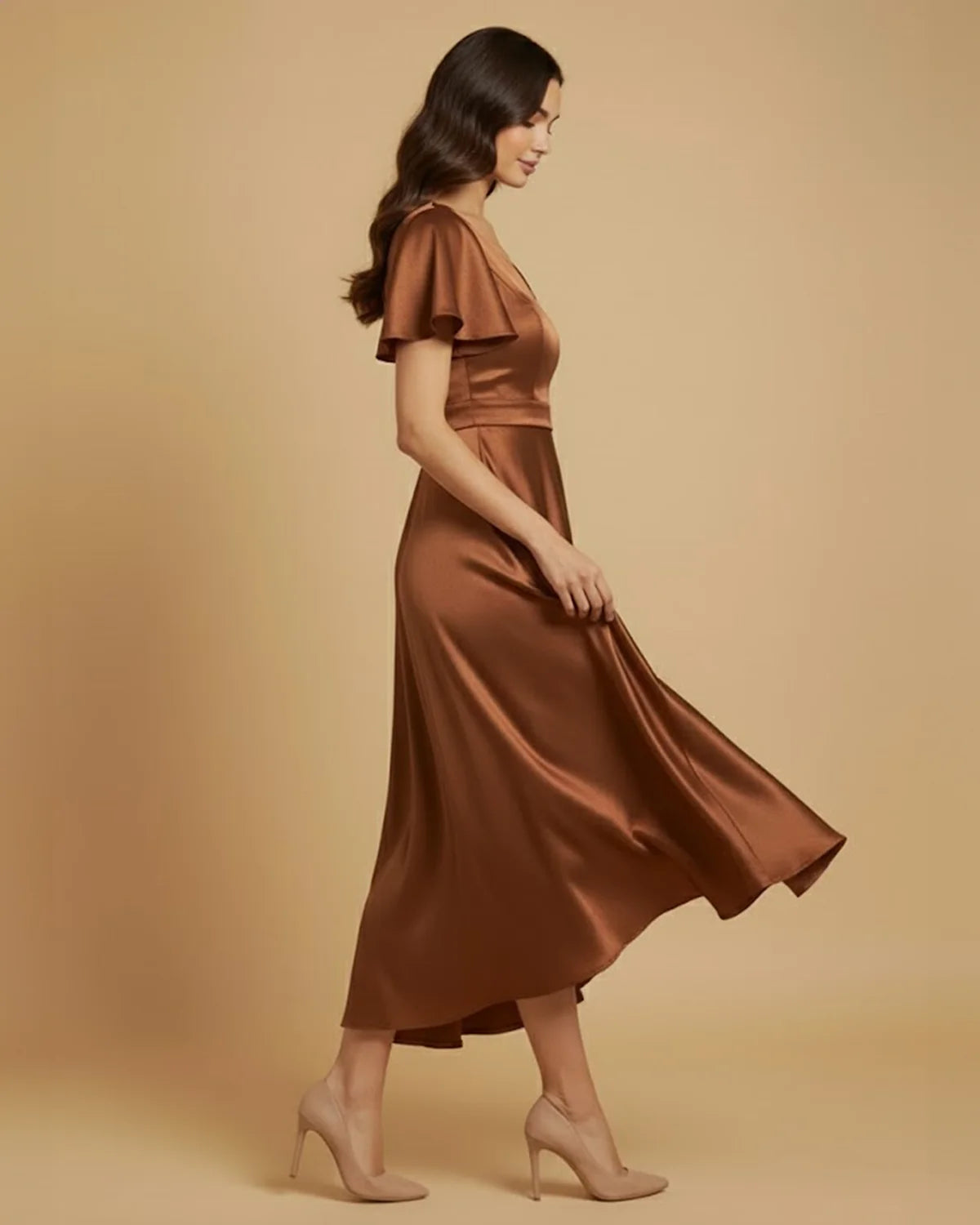 Aura Recycled Satin Flutter Sleeve Bronze High-Low Dress