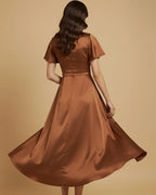 Aura Recycled Satin Flutter Sleeve Bronze High-Low Dress