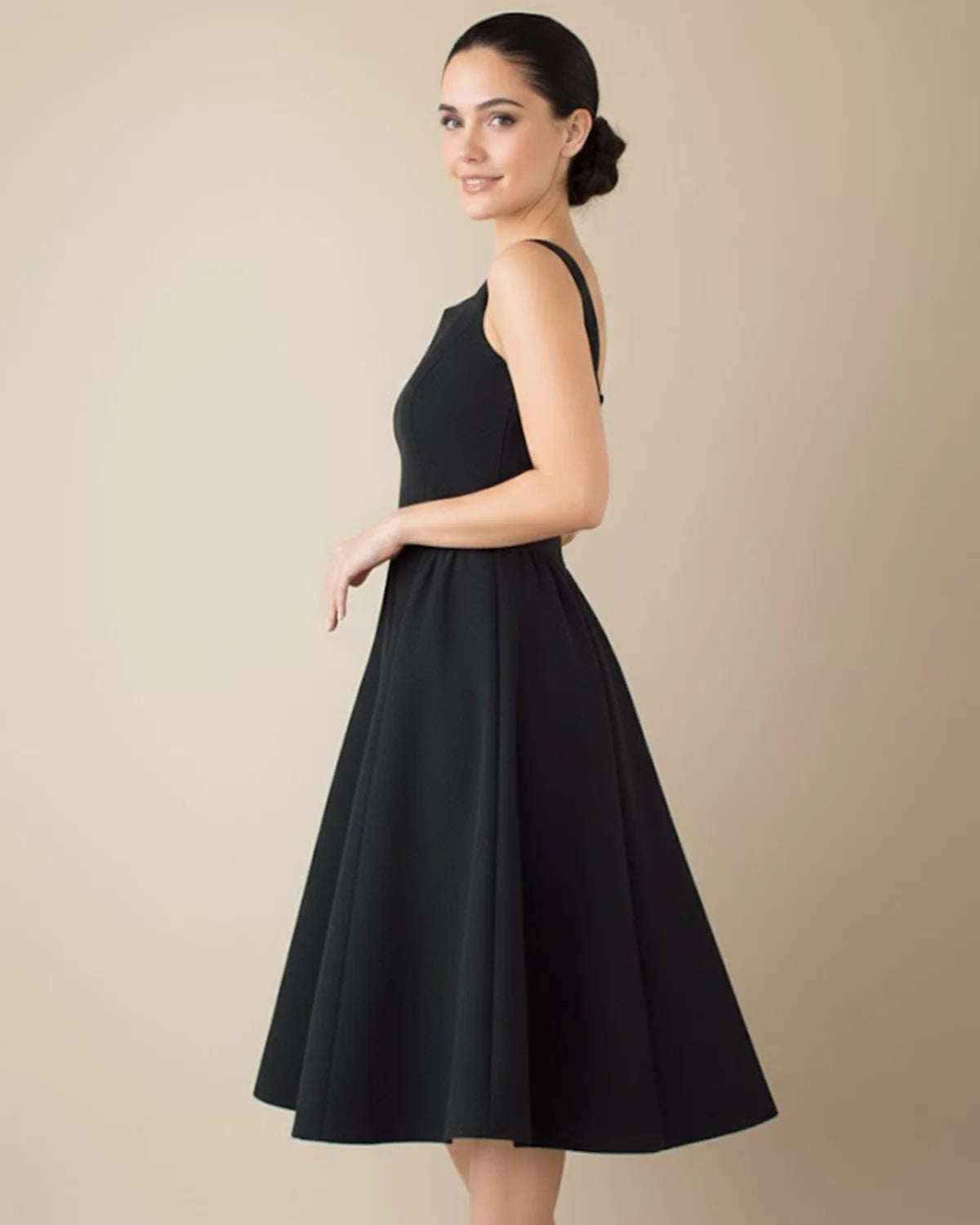 Audrey Timeless Black Square Neck A-Line Midi Dress - Elegant Cocktail & Occasion Wear