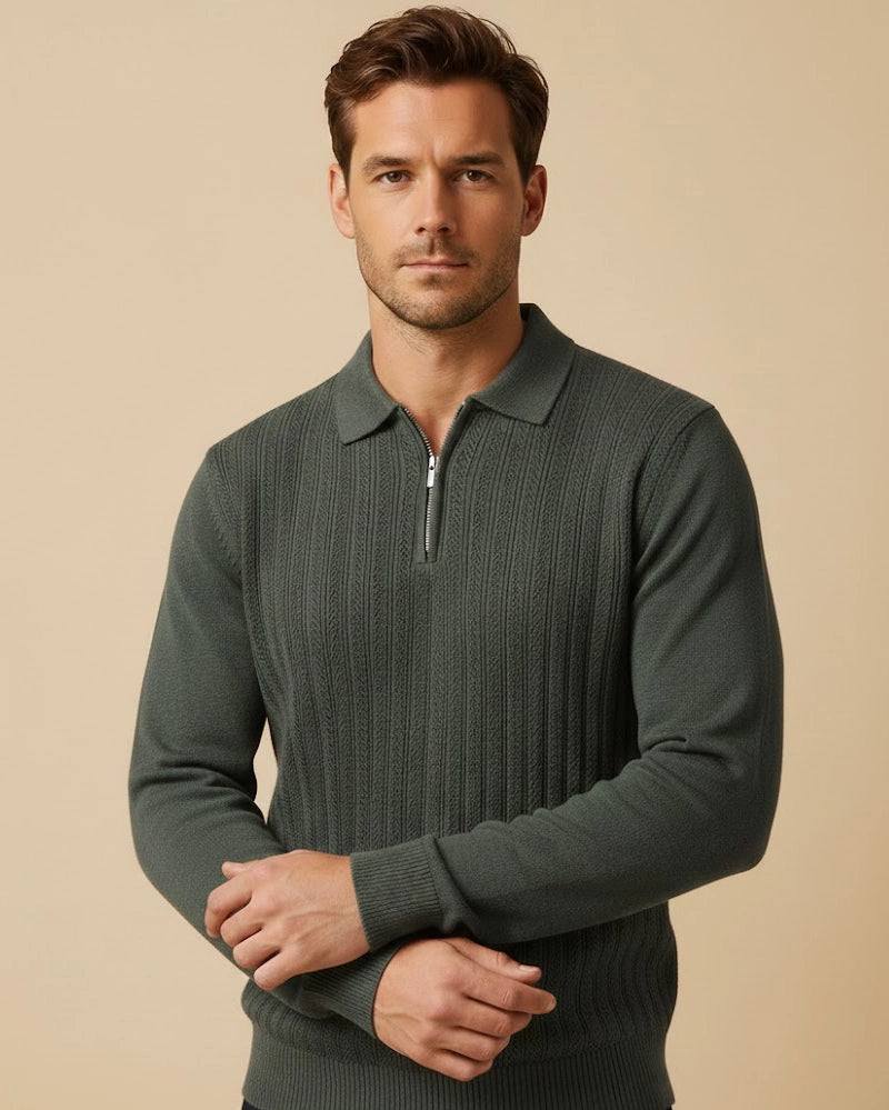 Onyx Forest Green Slate Men’s Ribbed Quarter-Zip – Sustainable Viscose Knit Polo