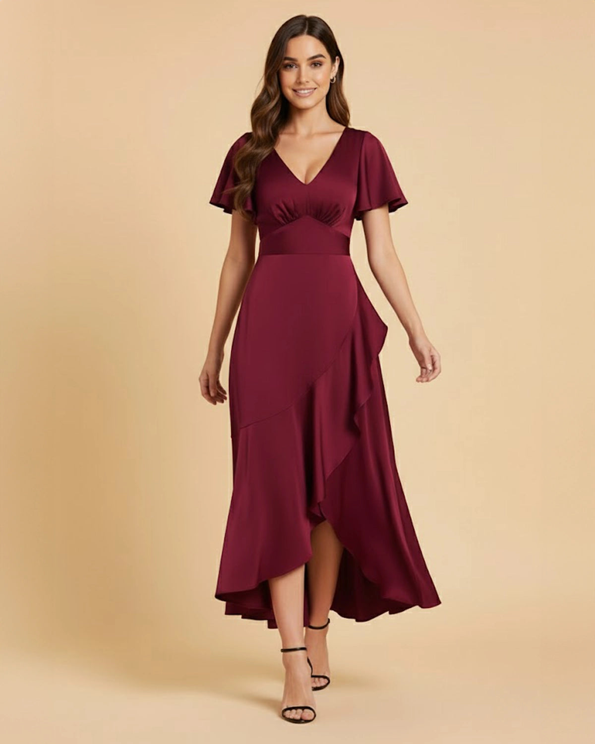 Nova V-Neck Midi Dress in Wine Red Burgundy | Recycled Satin Asymmetric Ruffle Dress