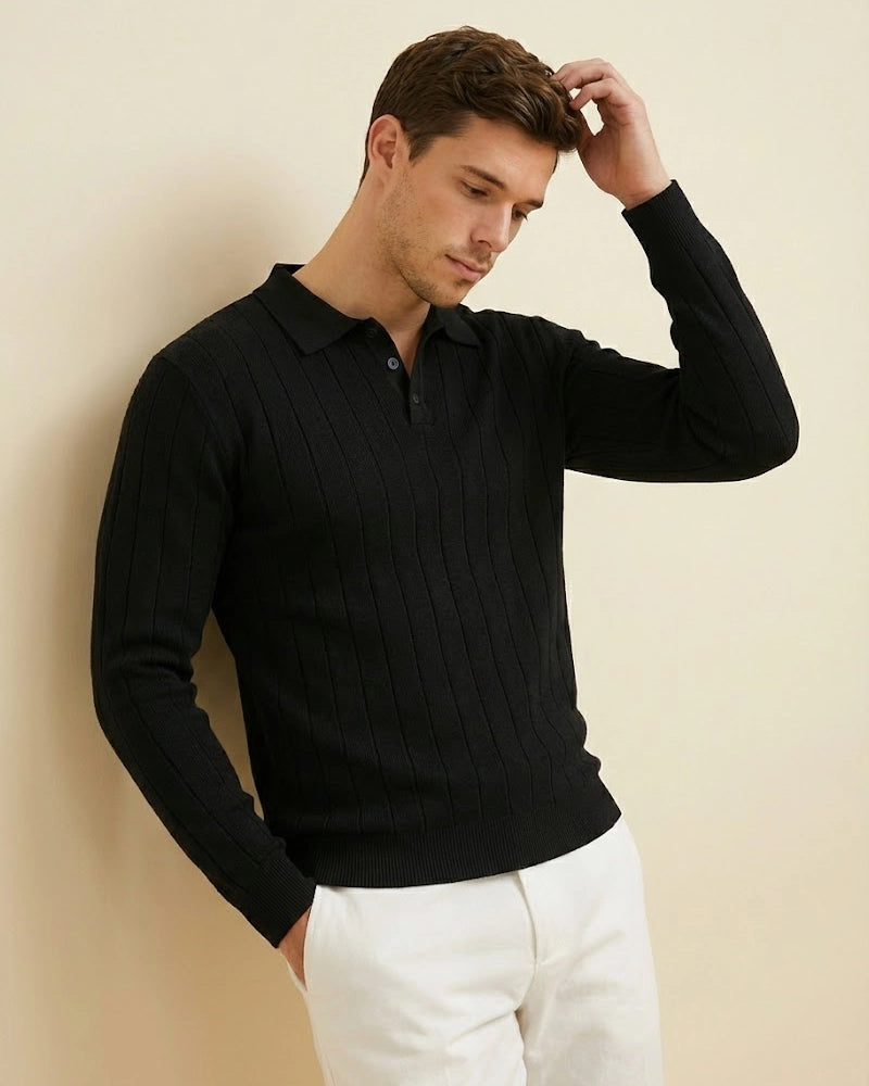The Julian: Men’s Black Textured Polo Jumper – Slim Fit Sustainable Viscose Jumper