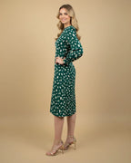 Fawn Elegant Green Printed Midi Dress | Long Puff Sleeve & Cut-Out Back