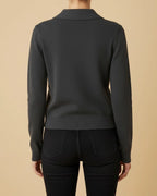 Rian Dark Grey Ruffle-Front Cardigan | Sustainable Recycled Knitwear | Collared Cardigan