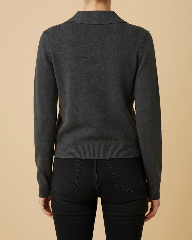 Rian Dark Grey Ruffle-Front Cardigan | Sustainable Recycled Knitwear | Collared Cardigan