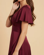 Nova V-Neck Midi Dress in Wine Red Burgundy | Recycled Satin Asymmetric Ruffle Dress