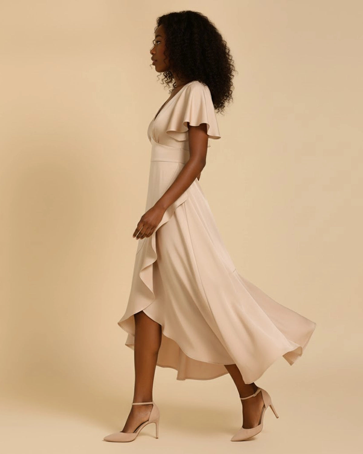 Nova Asymmetrical Ruffle Midi Dress - Champagne Satin