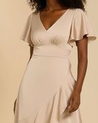 Nova Asymmetrical Ruffle Midi Dress - Champagne Satin