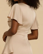 Nova Asymmetrical Ruffle Midi Dress - Champagne Satin