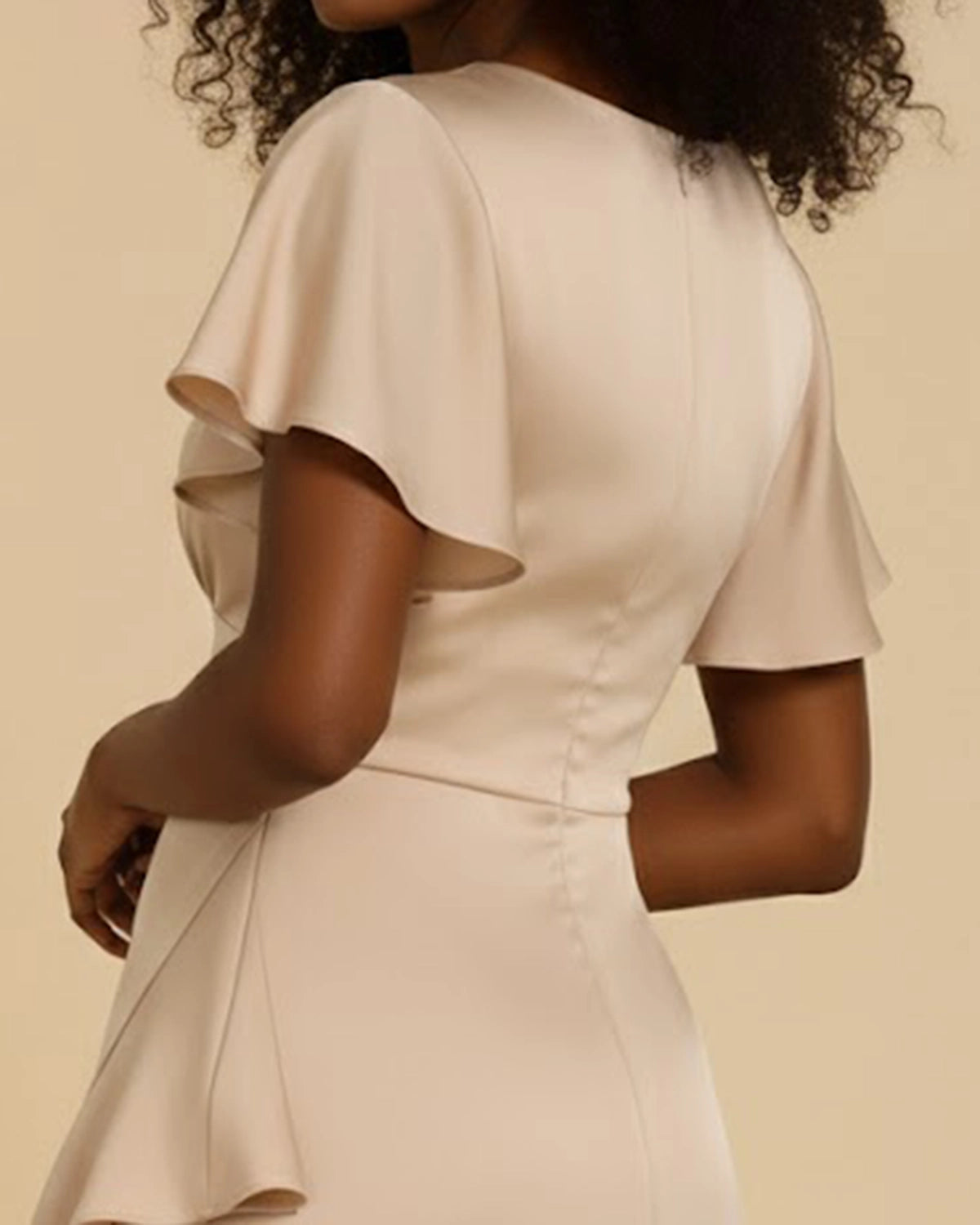 Nova Asymmetrical Ruffle Midi Dress - Champagne Satin