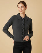 Rian Dark Grey Ruffle-Front Cardigan | Sustainable Recycled Knitwear | Collared Cardigan