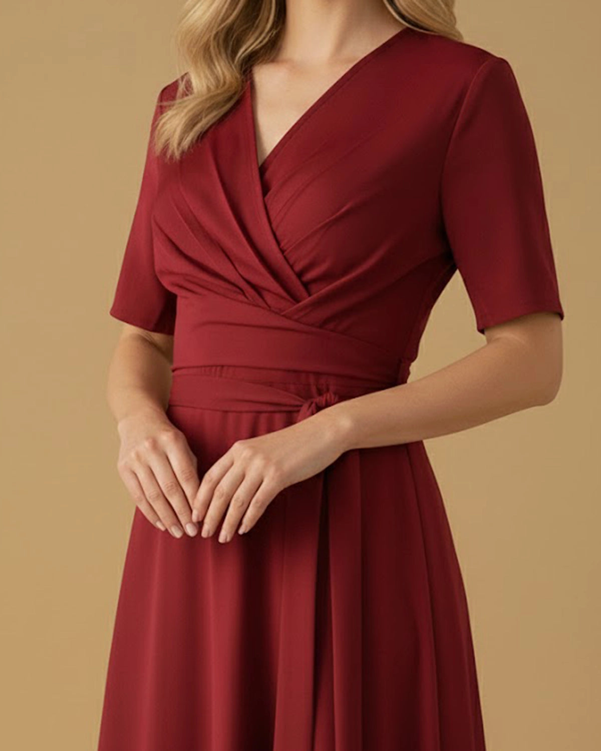strapless open back dress Red Short Sleeve Midi Dress with Wrap Belt