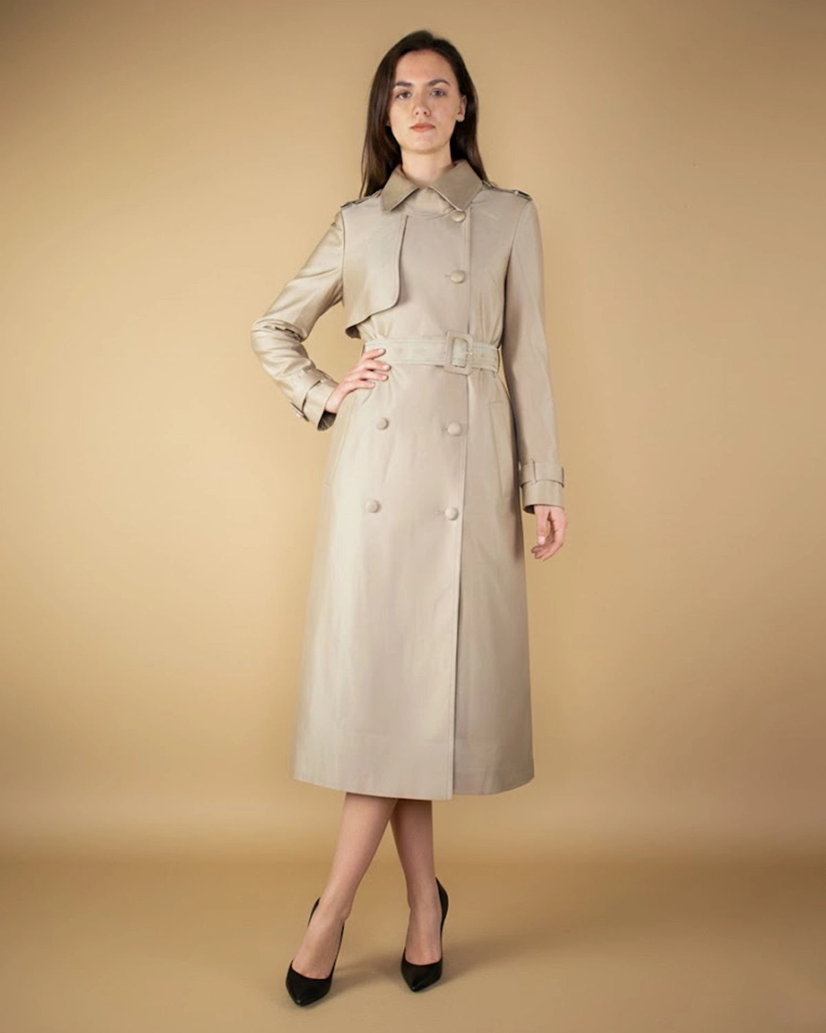 Elora Women Double Breasted Long Trench Coat in Beige
