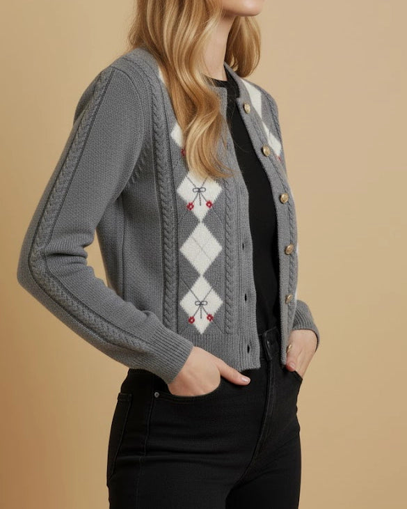Ash Grey Heirloom Argyle Cardigan - Eco-Chic Knit