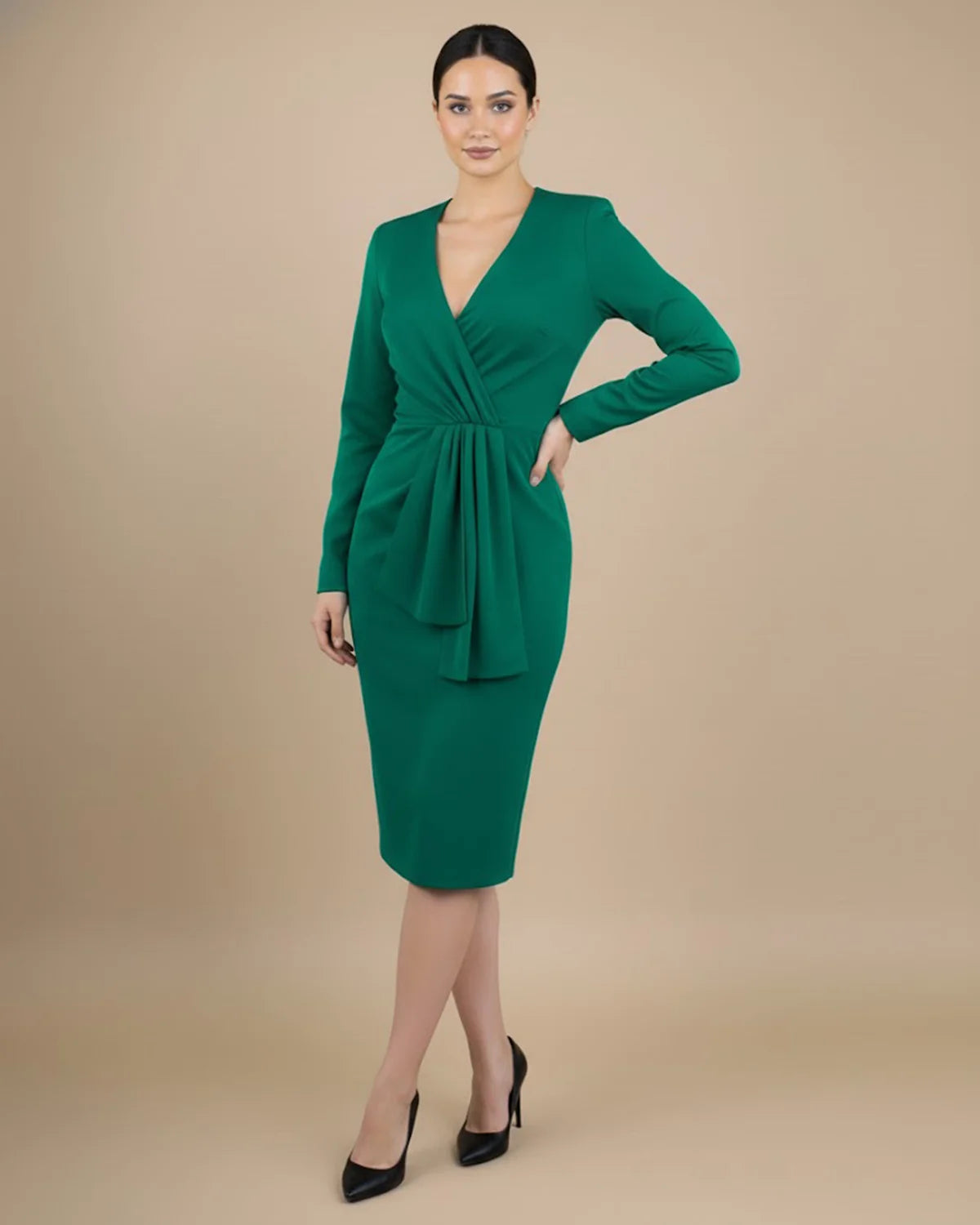 Agnes Emerald Green RPET V-Neck Pencil Dress - Tailored & Tight Fit for Office to Party