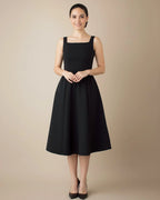 Audrey Timeless Black Square Neck A-Line Midi Dress - Elegant Cocktail & Occasion Wear