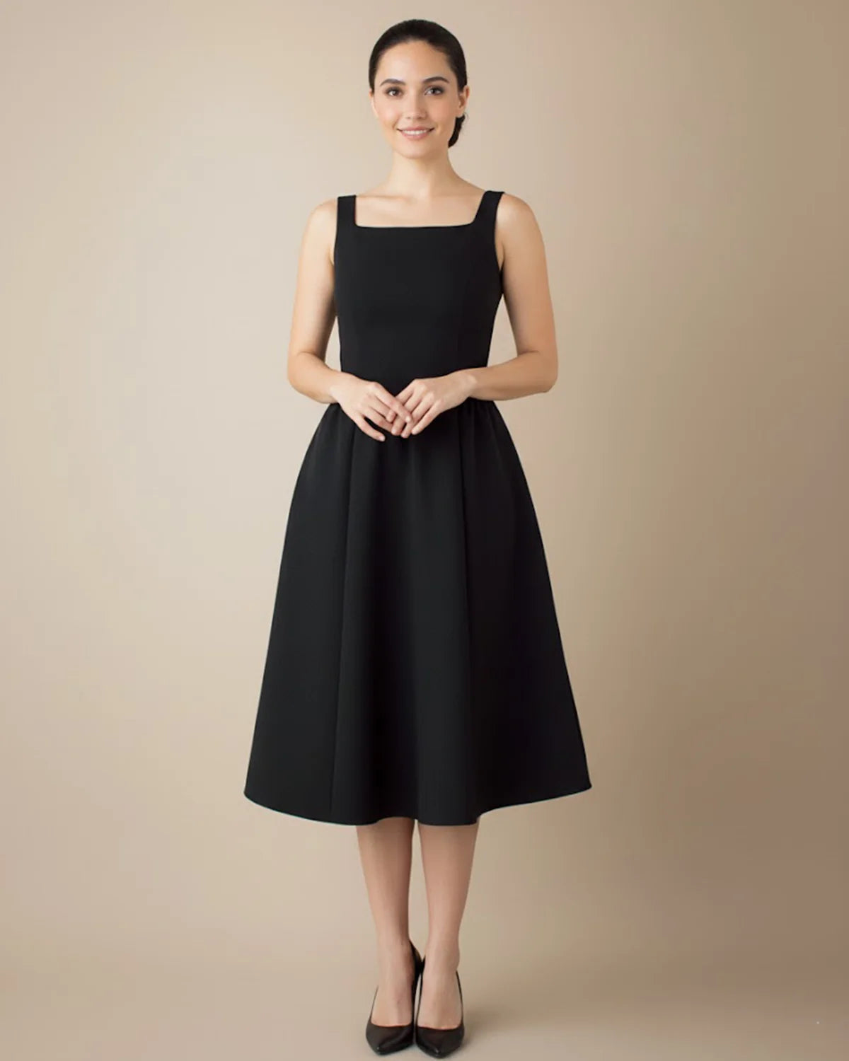 Audrey Timeless Black Square Neck A-Line Midi Dress - Elegant Cocktail & Occasion Wear