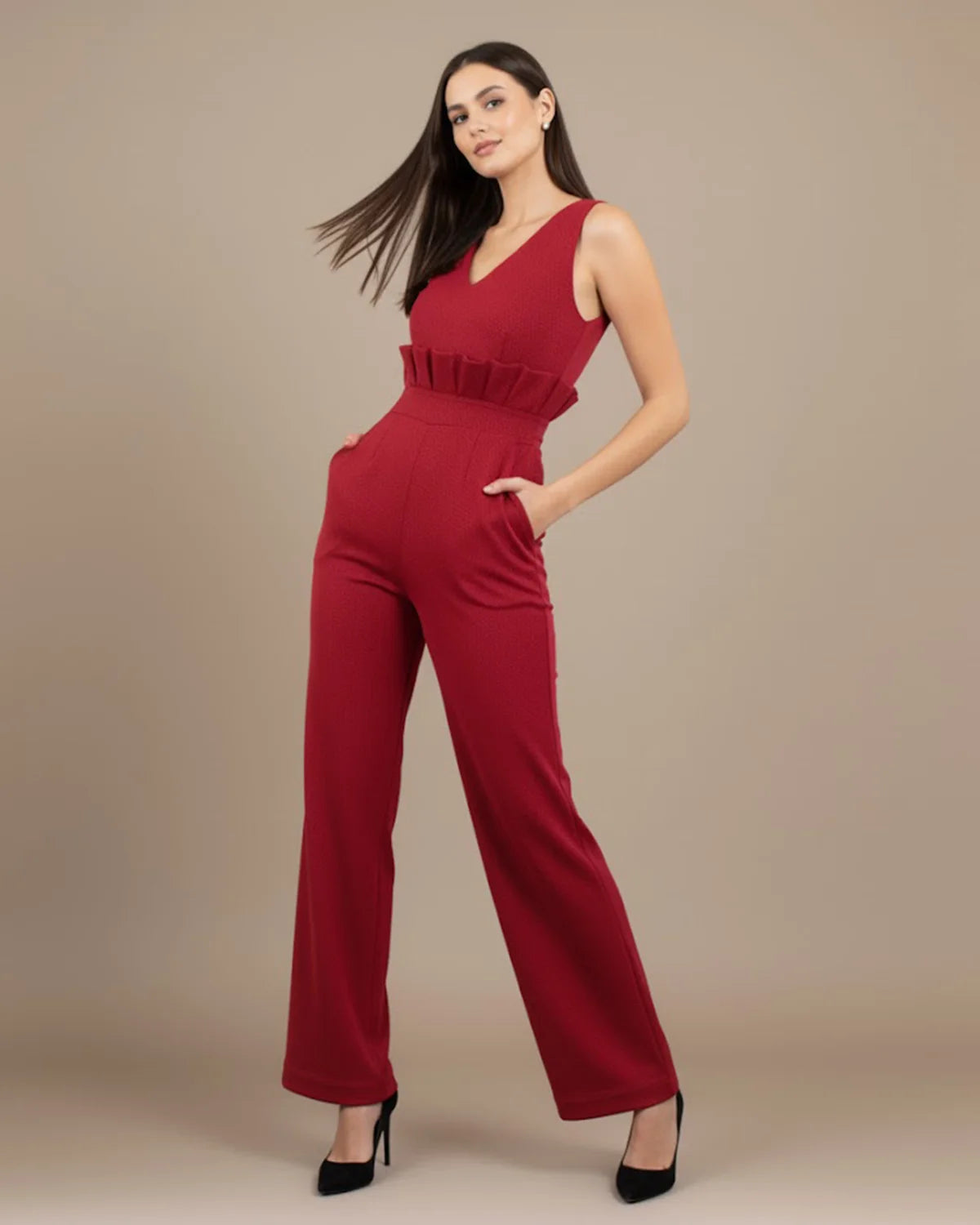 Elvira Red Herringbone Jumpsuit | Organic Cotton & RPET Wide Leg Jumpsuit
