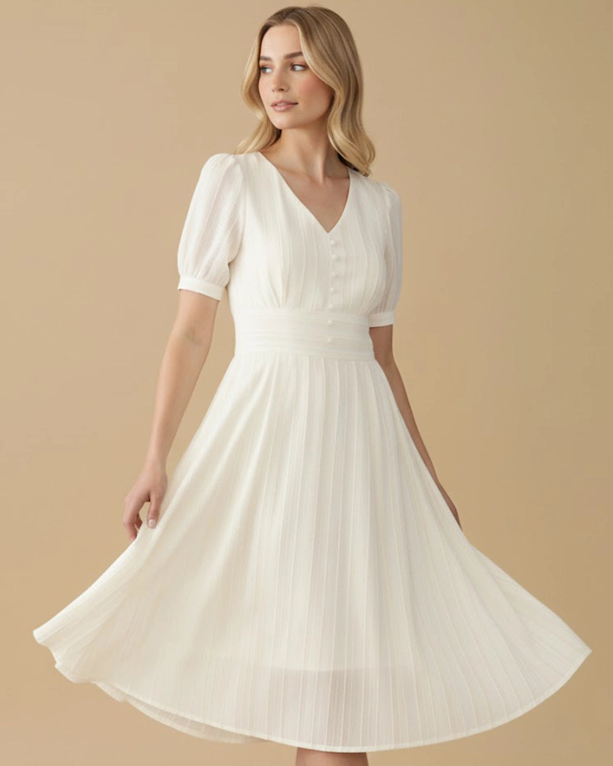 Brielle V-Neck Puff Sleeve Midi Dress | Upcycled Polyester