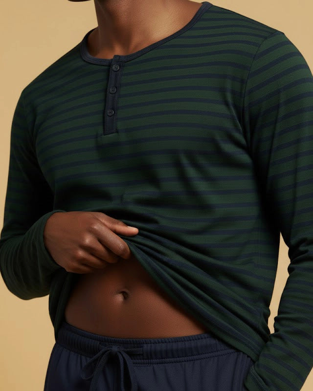Men's Striped Henley Cotton Pyjama Set in Navy, Black, Green, & Grey Loungewear