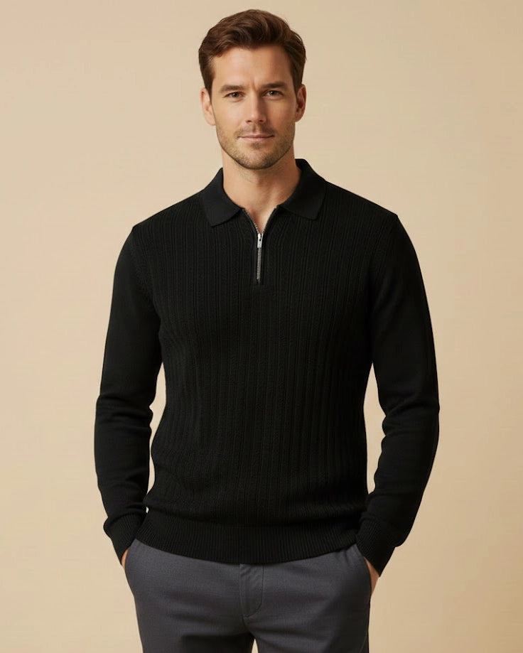 Onyx Zip-Neck Henley – Premium Viscose Long-Sleeve Polo in Black