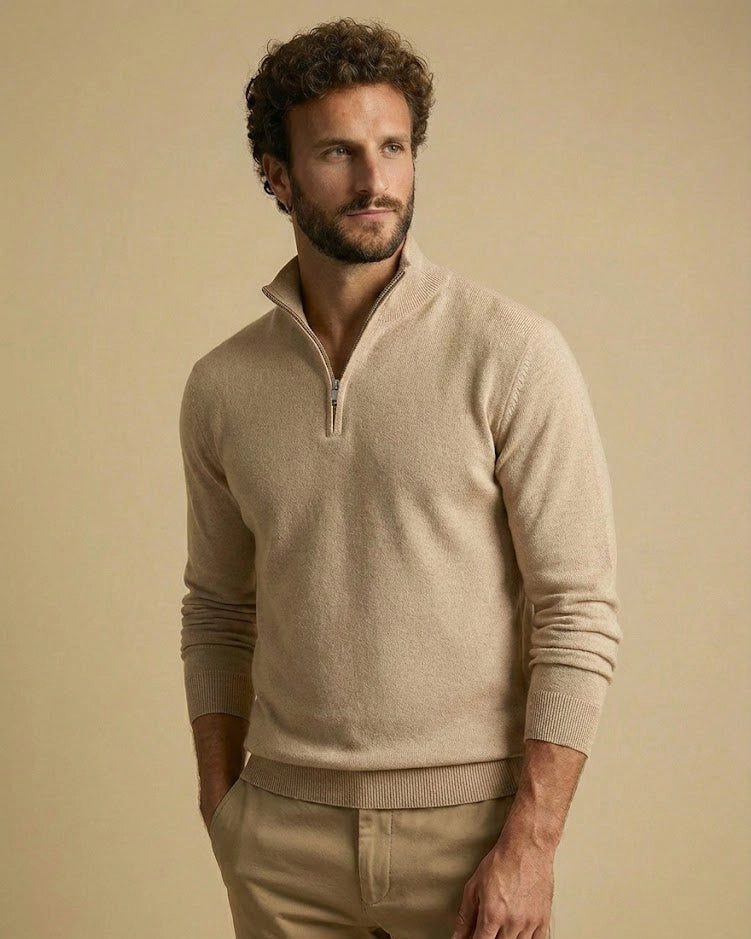 The Aurelius Quarter-Zip Men's Jumper in Beige | Luxury Responsibly-Sourced Knit