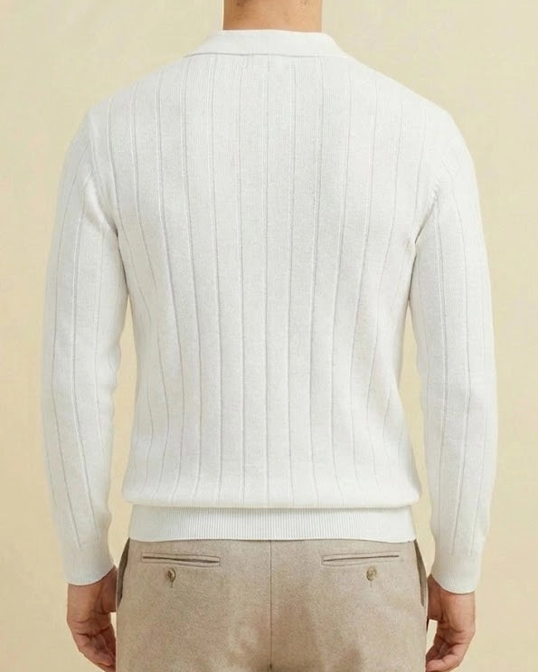 The Julian: Men’s Luxury White Ribbed Knit Polo – Long Sleeve
