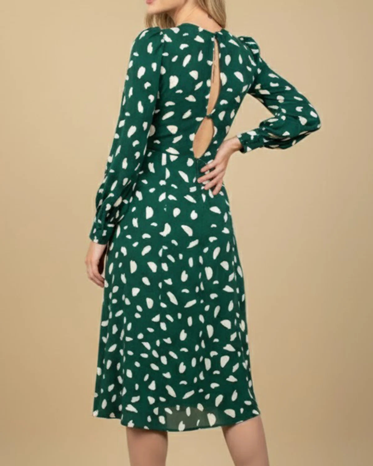 Fawn Elegant Green Printed Midi Dress | Long Puff Sleeve & Cut-Out Back