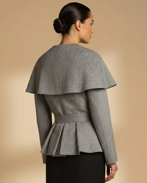 Abbe Luxury Herringbone Peplum Cape Coat | Hemp Organic Cotton Blend Jacket
