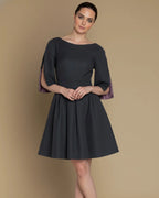 Candida Sustainable Dark Grey Skater Dress | Hemp-RPET Classic, Pockets, Slit-Sleeves