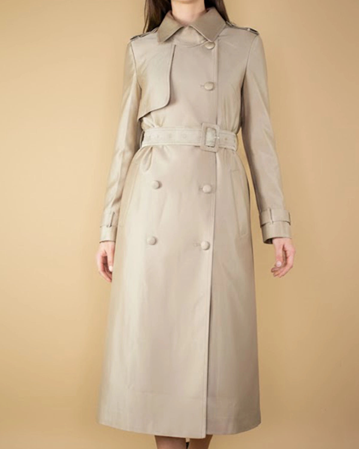 Elora Women Double Breasted Long Trench Coat in Beige