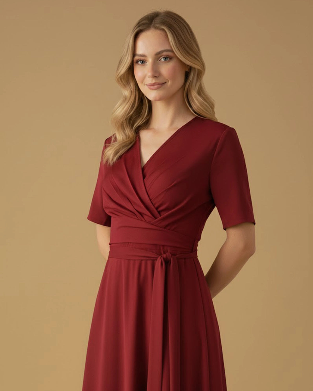 Red Short Sleeve Midi Dress with Wrap Belt | ADKN Red Short Sleeve Midi Dress with Wrap Belt | ADKN