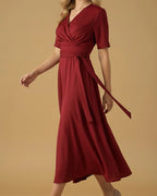 Takara Red Short Sleeve Midi Dress with Wrap Belt
