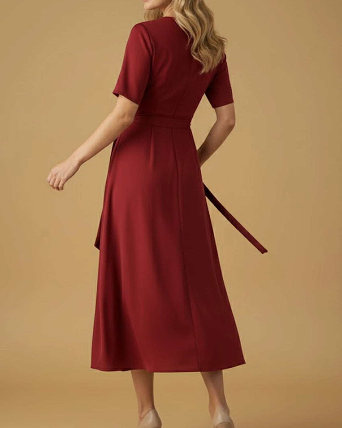 Takara Red Short Sleeve Midi Dress with Wrap Belt