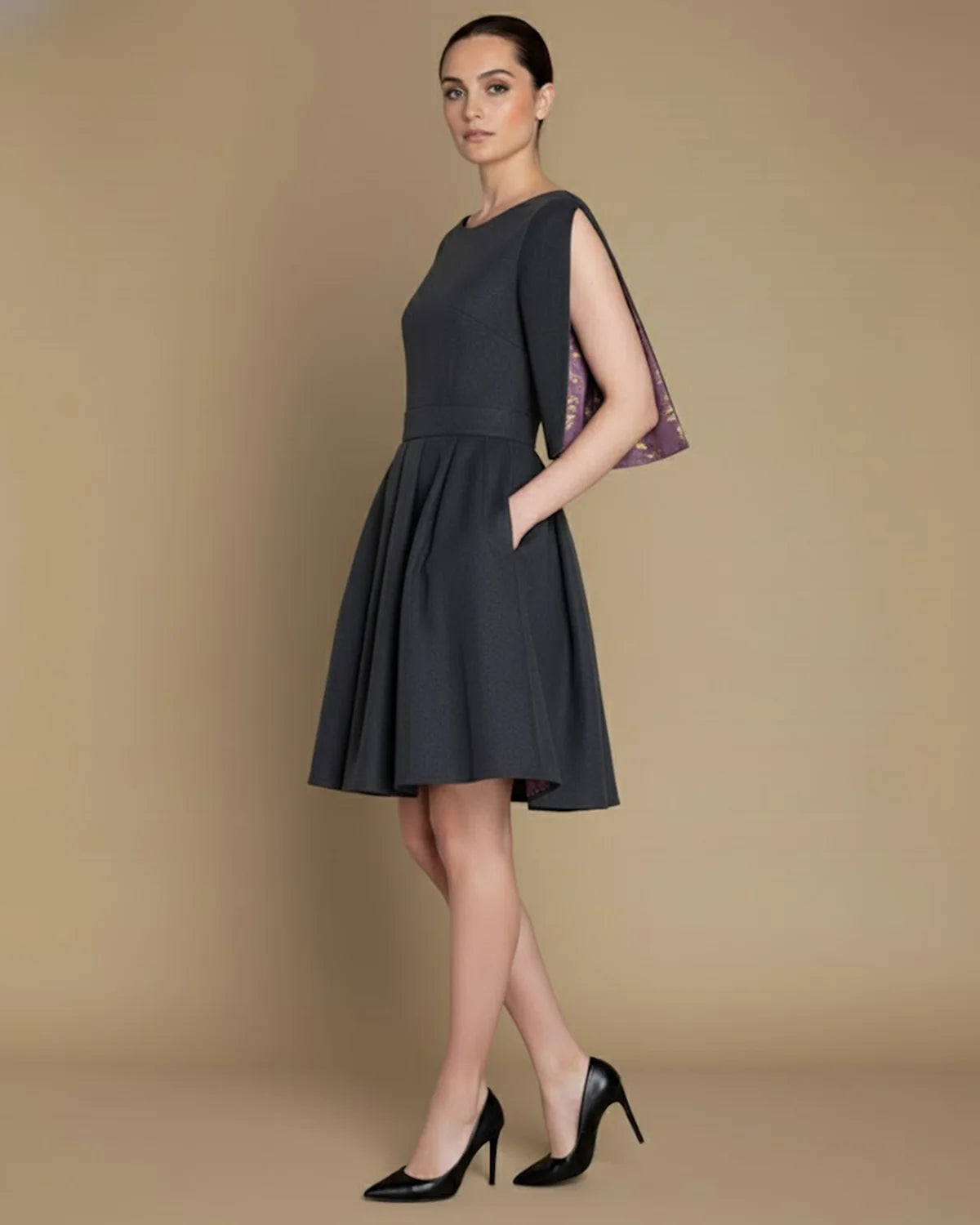 Candida Sustainable Dark Grey Skater Dress | Hemp-RPET Classic, Pockets, Slit-Sleeves