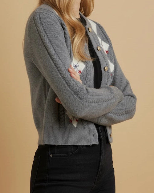 Ash Grey Heirloom Argyle Cardigan - Eco-Chic Knit