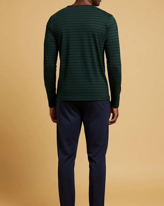 Men's Striped Henley Cotton Pyjama Set in Navy, Black, Green, & Grey Loungewear
