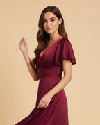 Nova V-Neck Midi Dress in Wine Red Burgundy | Recycled Satin Asymmetric Ruffle Dress