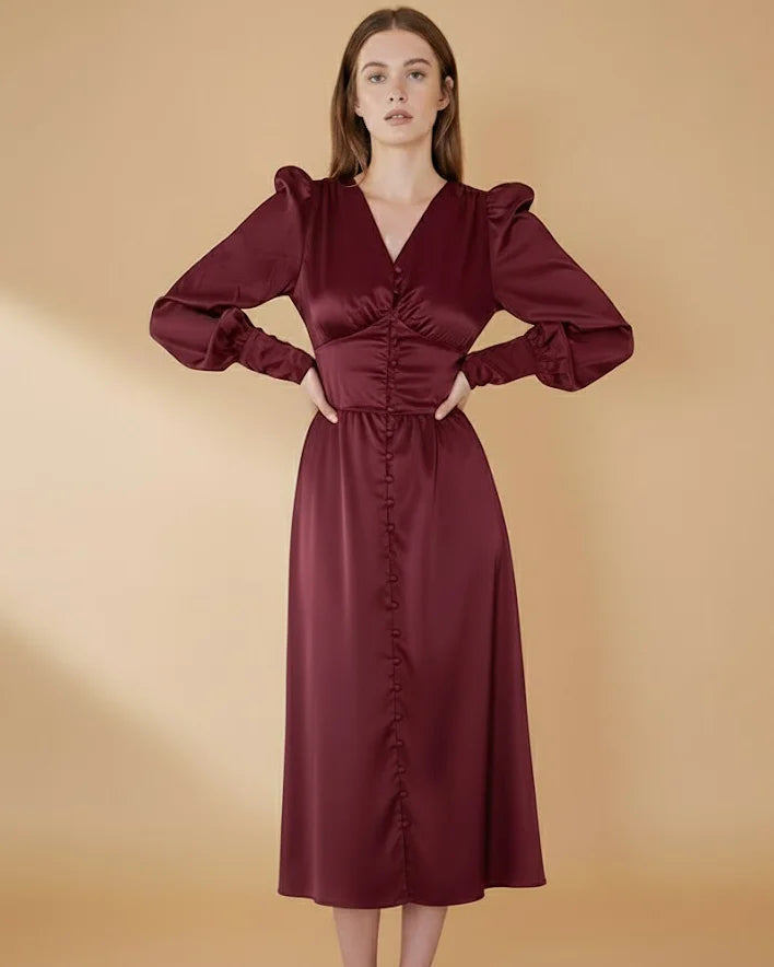 Kelsey Burgundy Red Satin Long Sleeve Dress with Bishop Sleeves