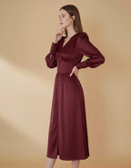 Kelsey Burgundy Red Satin Long Sleeve Dress with Bishop Sleeves