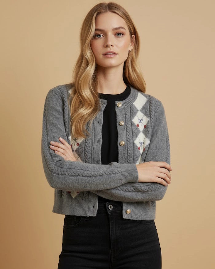 Ash Grey Heirloom Argyle Cardigan - Eco-Chic Knit