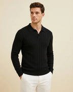 The Julian: Men’s Black Textured Polo Jumper – Slim Fit Sustainable Viscose Jumper