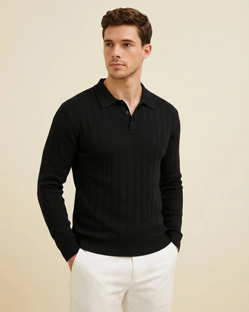 The Julian: Men’s Black Textured Polo Jumper – Slim Fit Sustainable Viscose Jumper