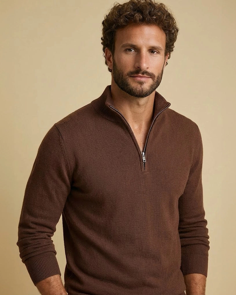 Aurelius Espresso Brown: Heritage Earth-Tone Jumper | Sustainable Chocolate Brown Quarter-Zip