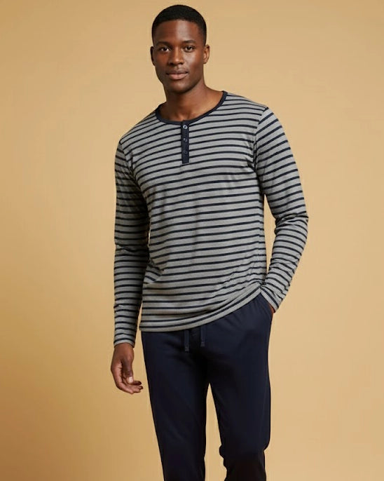 Men's Striped Henley Cotton Pyjama Set in Navy, Black, Green, & Grey Loungewear