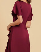 Nova V-Neck Midi Dress in Wine Red Burgundy | Recycled Satin Asymmetric Ruffle Dress