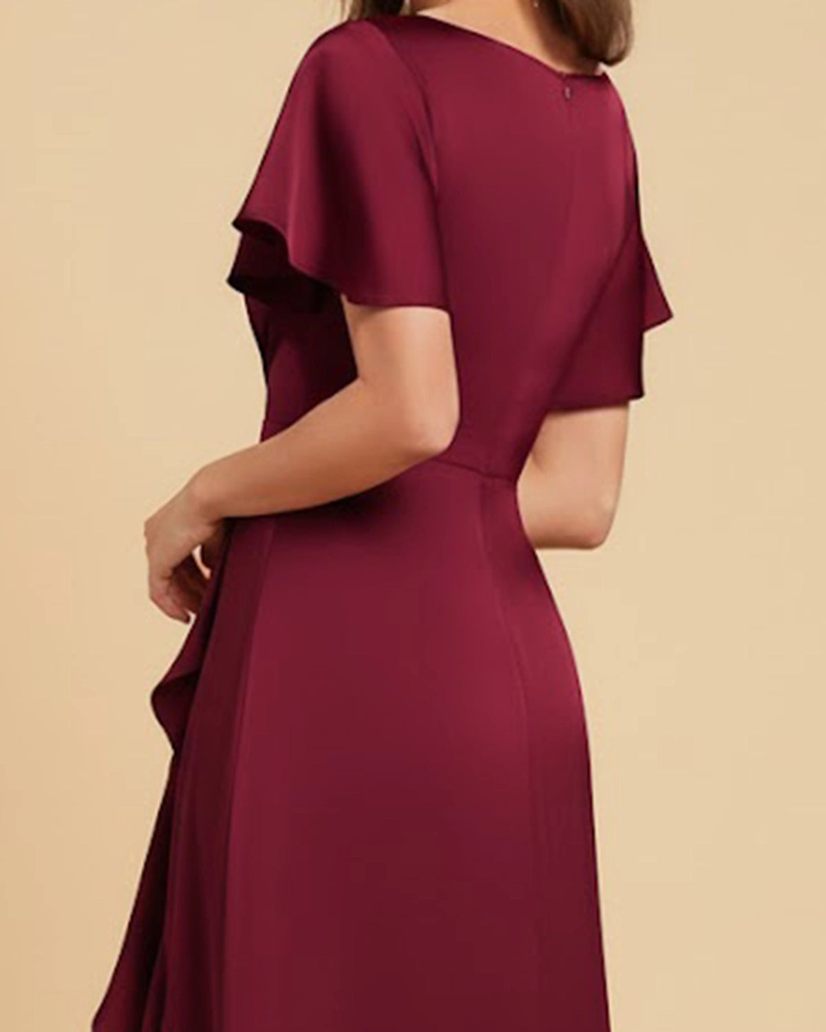 Nova V-Neck Midi Dress in Wine Red Burgundy | Recycled Satin Asymmetric Ruffle Dress
