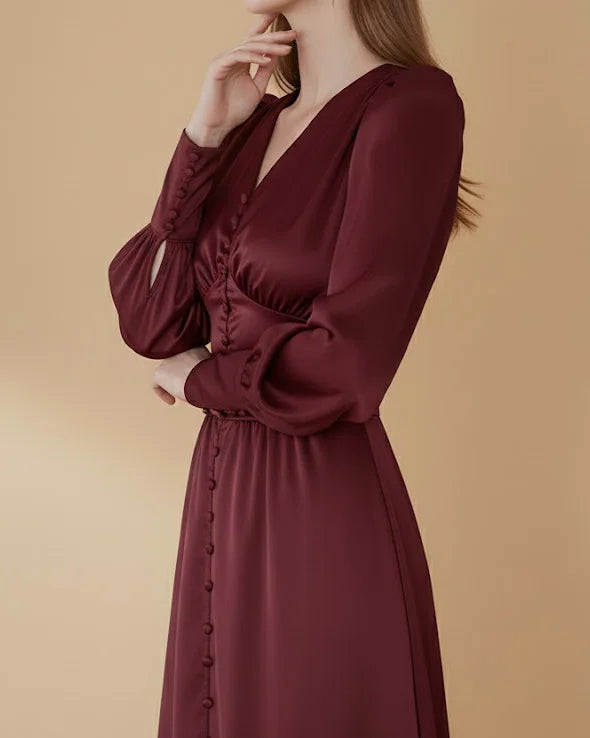 Kelsey Burgundy Red Satin Long Sleeve Dress with Bishop Sleeves
